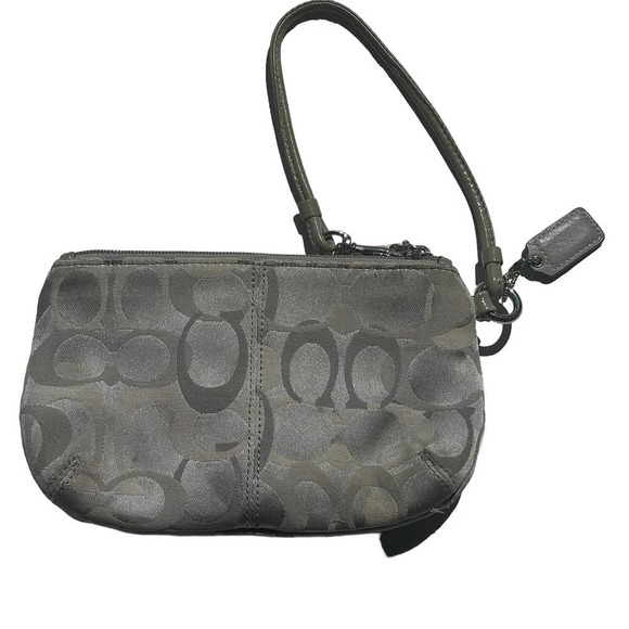COACH Signature Gray Monogram Leather & Canvas Flap Wristlet - Picture 2 of 13